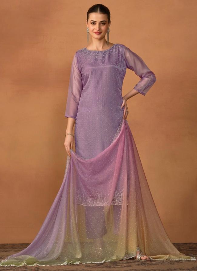 Organza Lilac Casual Wear Crystal Work Straight Suit